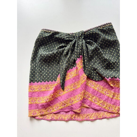 ZARA Green Pink Printed Beaded Front Tie Mini Pareo Sarong Skirt, Size L - Picture 2 of 13